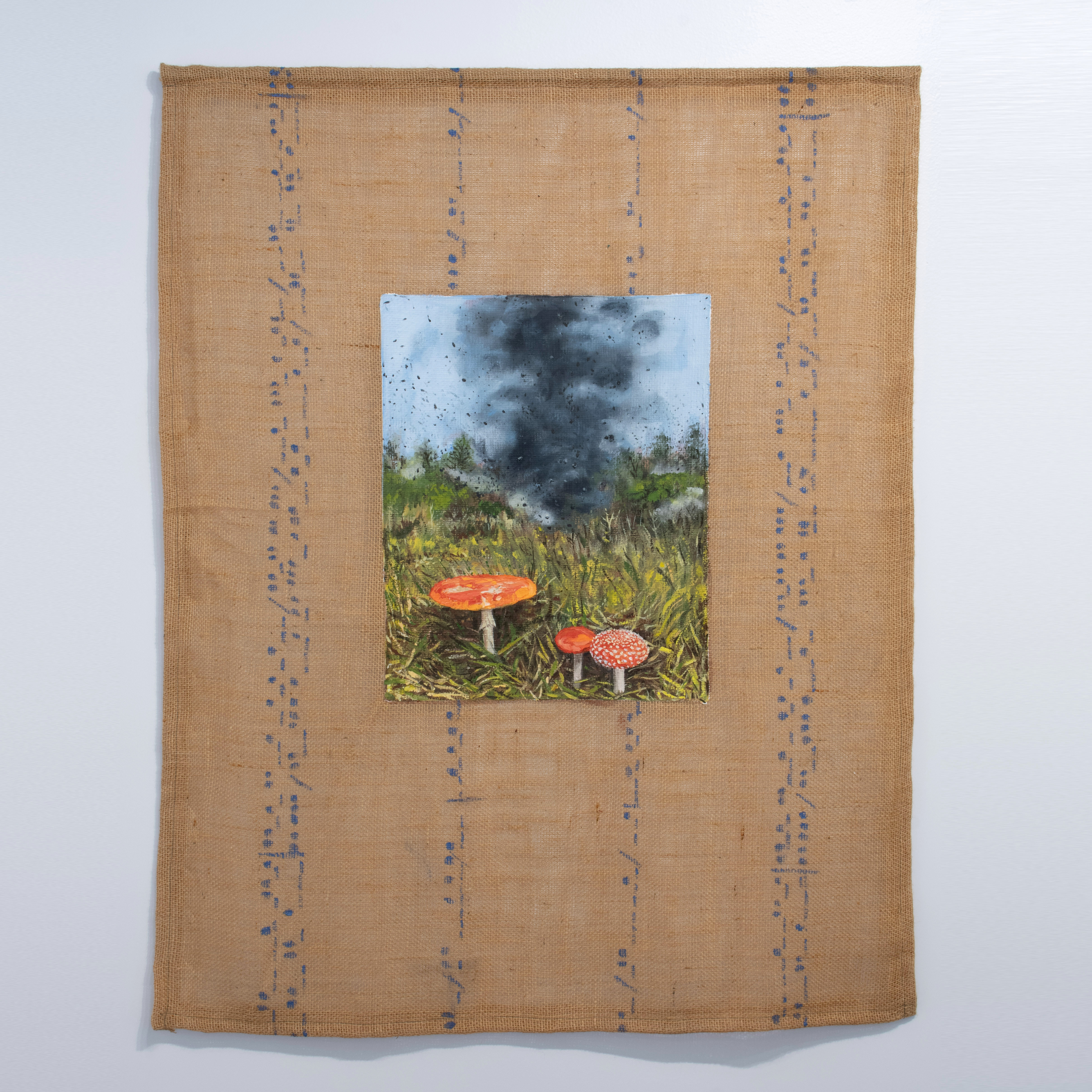 Eat, You Need Strength to Worry (land mines/mushrooms), 2025, oil, acrylic on burlap, 39 x 31 in.